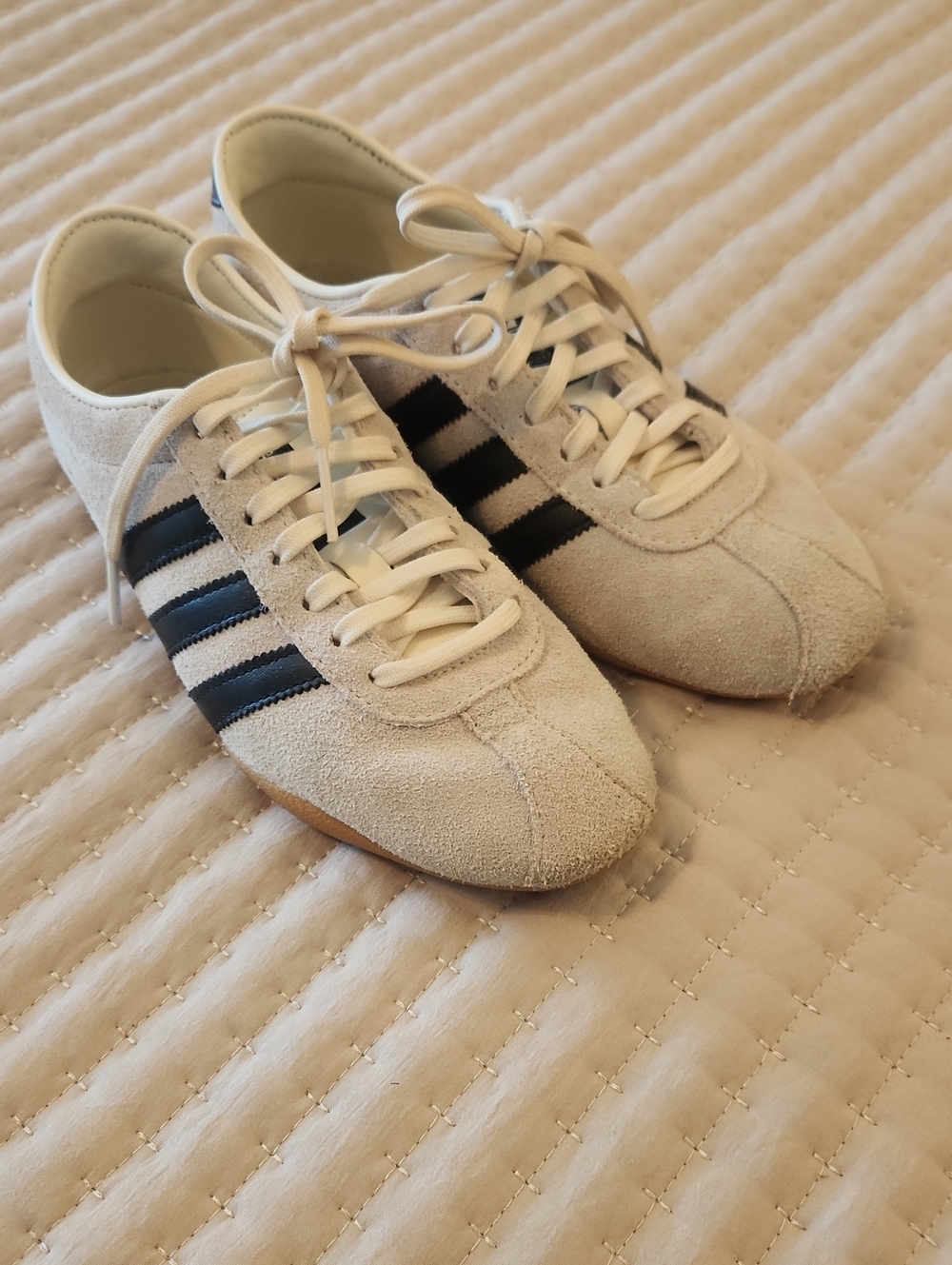 adidas Beige Suede Sneakers with Black Stripes